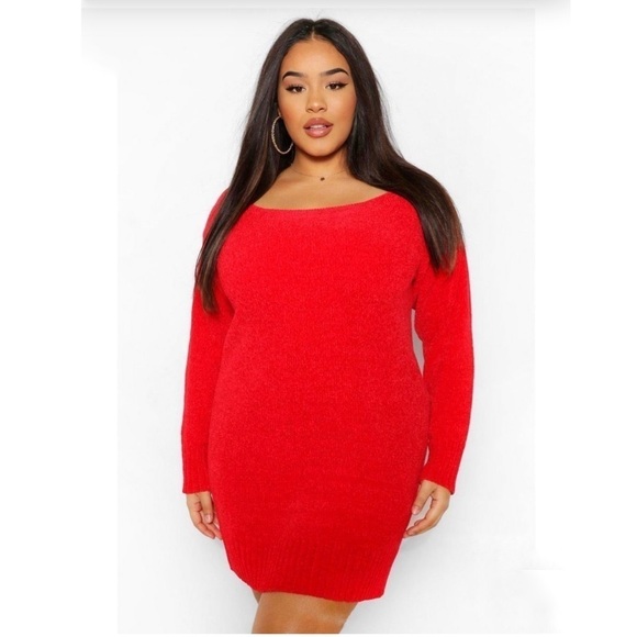 ASOS Curve Dresses & Skirts - Asos curve BOOHOO Plus Chenille Slash Neck sweater Jumper Dress red 22